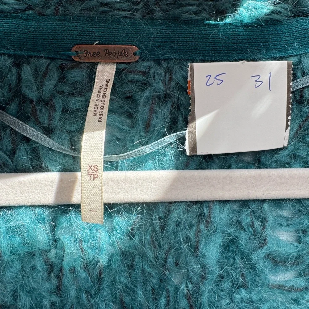 Free People Aran Isle Chunky Knit Mohair Cardigan Sweater Teal Blue Size XS